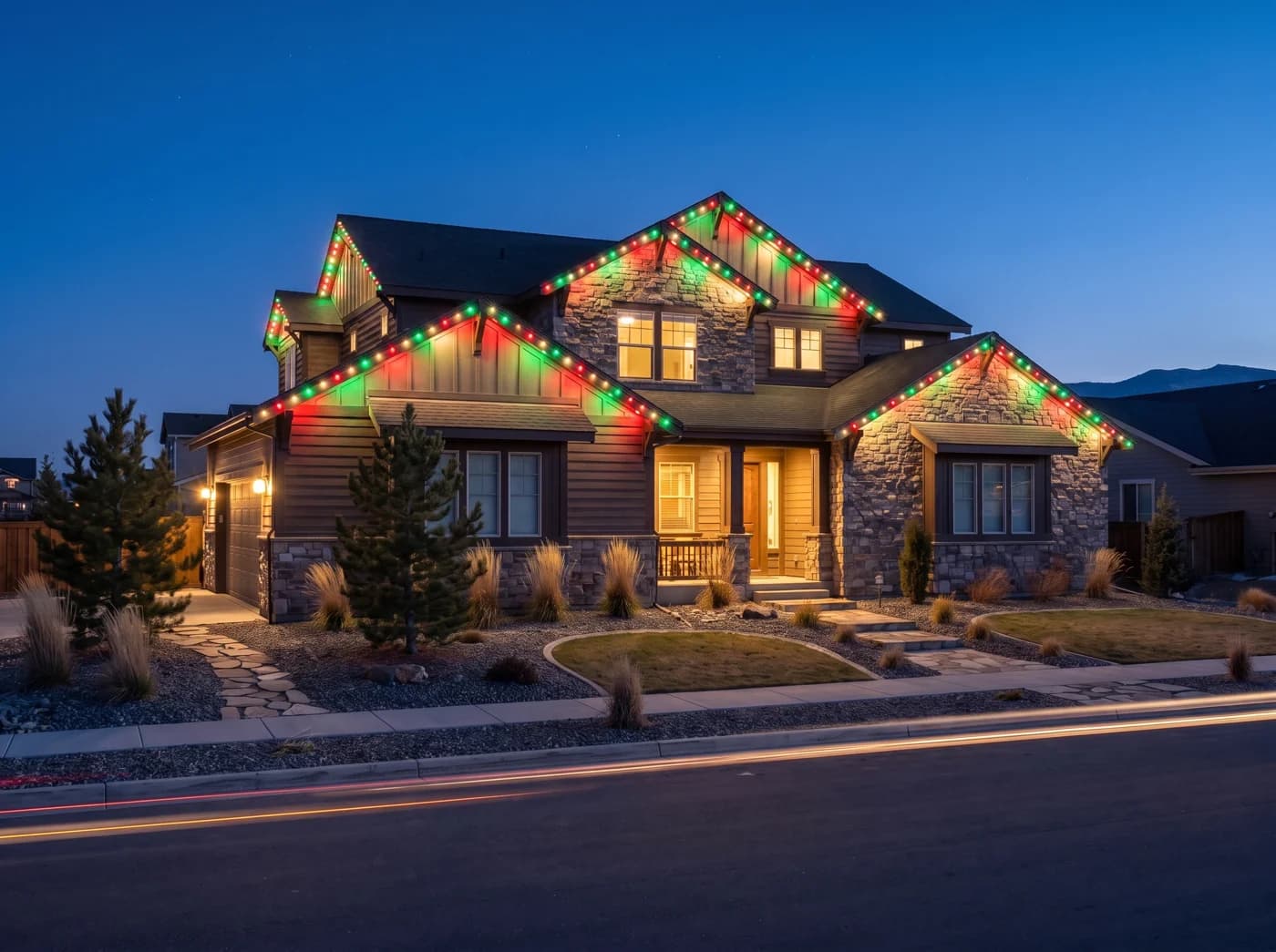 The same home lit for Christmas